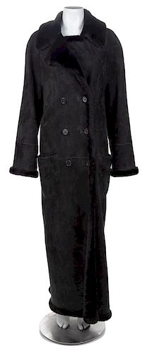 A Black Shearling Double Breasted Full Length Coat, Size Large.