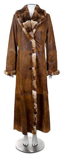 A Leather and French Lepom Rabbit Trimmed Full Length Coat, Size 42.