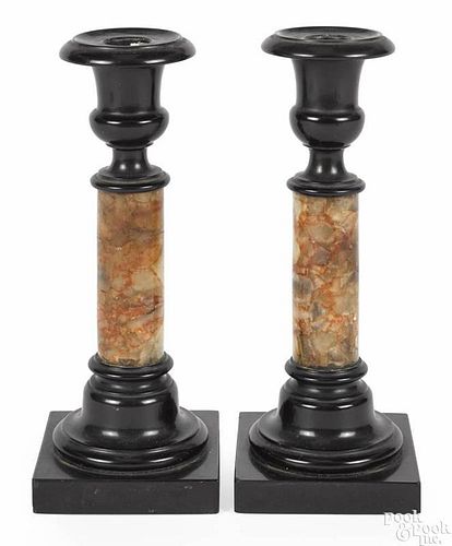 Pair of English slate and quartz candlesticks, late 19th c., 9'' h.
