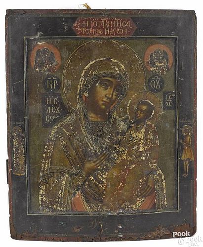 Russian oil on panel icon, 19th c., of the mother and child, 12 5/8'' x 10 3/8''.