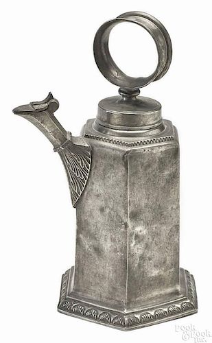 German pewter hexagonal wine flagon, 18th c., with a flap lidded spout, the body inscribed I.M.B.