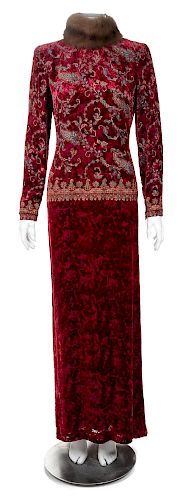 An Oscar de la Renta Burgundy Burnt Velvet Gown, Size 4.