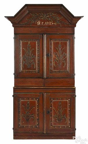 Scandinavian painted pine stepback cupboard, dated 1823, retaining its original floral decoration