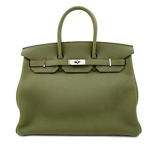 An Hermès Olive Green Togo 35cm Birkin, 11" H x 14" W x 7.5" D; Handle drop: 4.25".