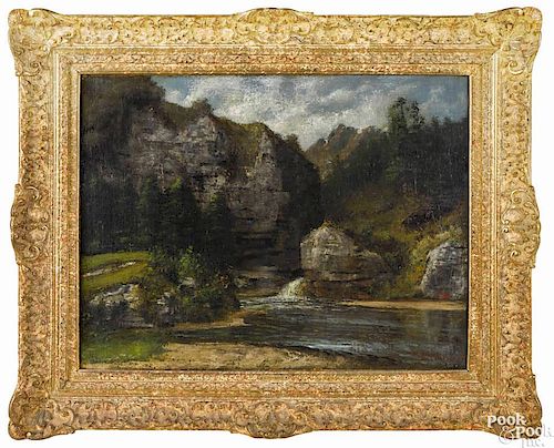 Early oil on canvas landscape, in the manner of Gustave Courbet, 19 3/4'' x 25 1/2''.