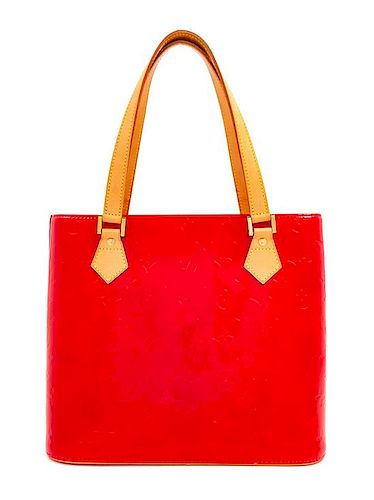 A Louis Vuitton Red Vernis Houston Tote Bag, 10" H x 11.5" W x 5" D; Strap drop: 7".