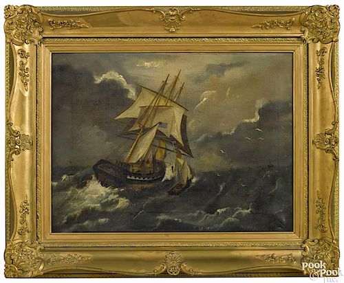 Continental oil on canvas seascape, 19th c., 18'' x 24 1/4".