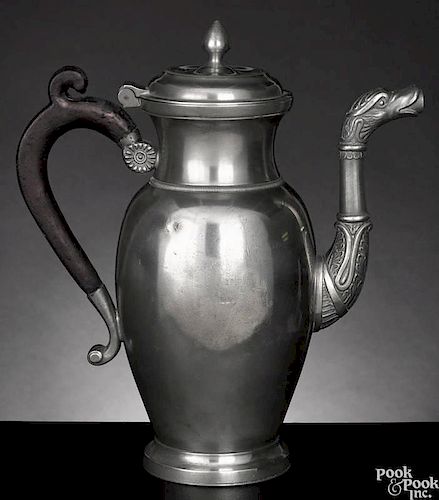 Belgian pewter coffee pot or Kaffekanne, 19th c., with a relief cast zoomorphic spout
