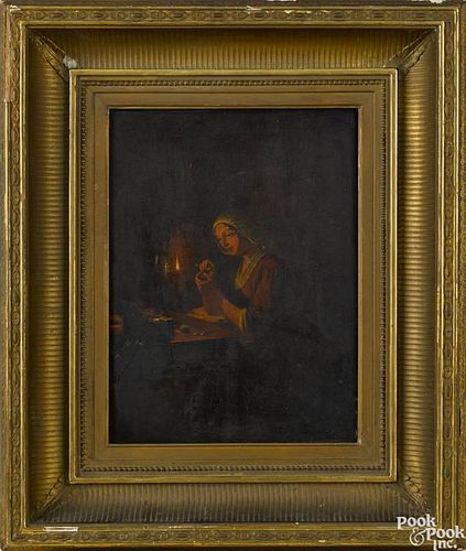Jos Ven Bree (European 1784-1859), oil on panel interior of a woman threading a needle