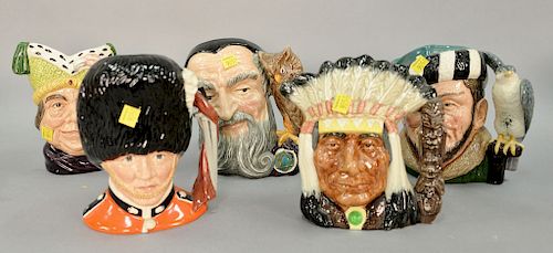 Group of five Royal Doulton character mugs including The Guardsman, The Falconer, Merlin, Ugly Duchess, and The American Indian. ht....