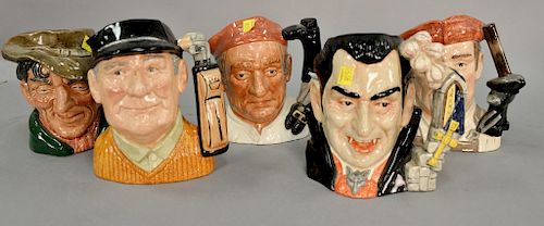 Group of five Royal Doulton character jugs including Count Dracula, Golfer, The Poacher, Boat Maker, and Blacksmith. ht. 6 in. to 7 ...