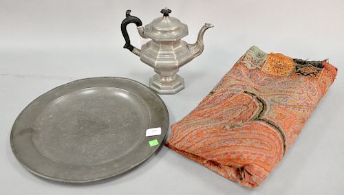 Three piece lot to include pewter teapot and charger dia