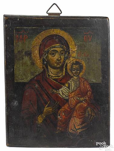 Russian oil on panel icon, 18th c., of the mother and child, 5 5/8'' x 4 1/2''.