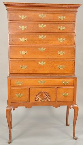 Queen Anne cherry flat top highboy in two parts (married). height 73 in., width 36 in.