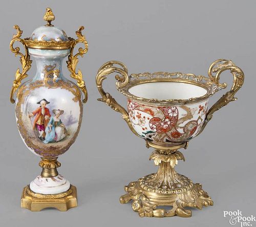 Sevres-type ormolu mounted porcelain urn, ca. 1900, 9 3/4'' h., together with an Imari palette bowl