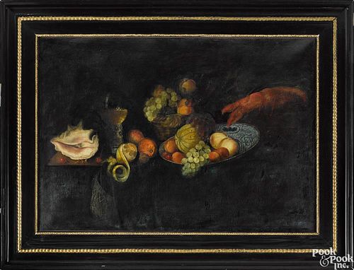 Dutch Old Masters oil on canvas still life with fruit, a lobster, and a conch shell