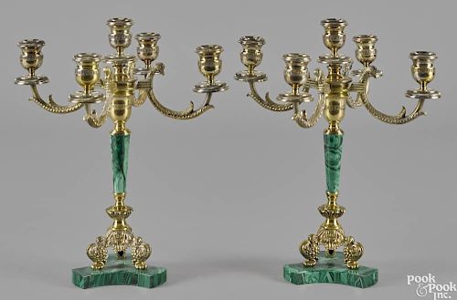 Pair of Italian 925 silver gilt and malachite veneer candelabra, 20th c., with swan-form branches