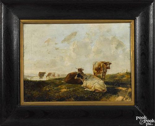 Continental oil on canvas landscape with cows, early 19th c., 12'' x 16''.