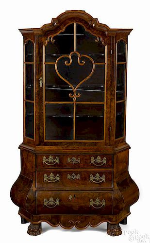 Diminutive Dutch burl veneer china cabinet, 19th c., with an arched and stepped cornice