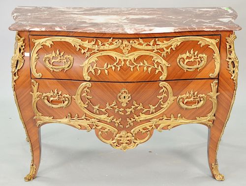 Pair of Louis XV style marble top commodes, 20th century. ht. 34 in., top: 21 1/2" x 49 1/2"