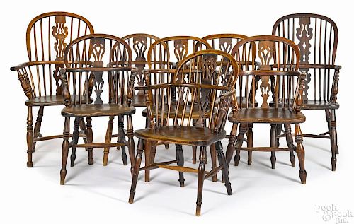 Assembled set of eight English yewwood Windsor chairs, ca. 1830.