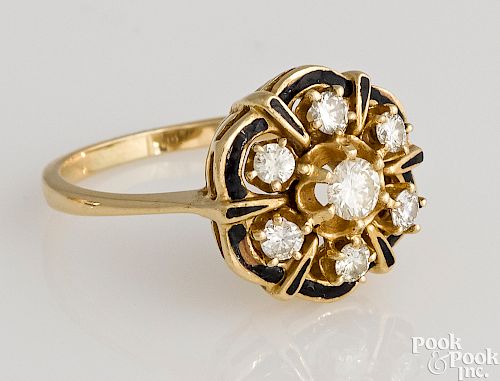 14K yellow gold diamond and black enamel ring