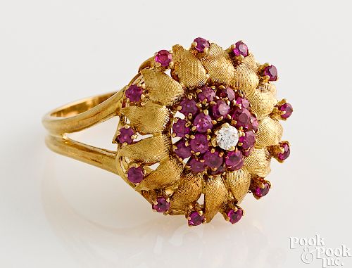 18K yellow gold diamond and ruby flower ring