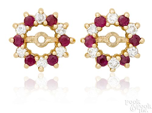 Pair of 14K yellow gold diamond and ruby earring jackets