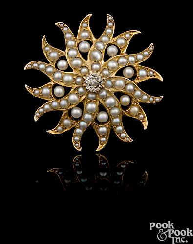 14K yellow gold pearl and diamond starfish pendant