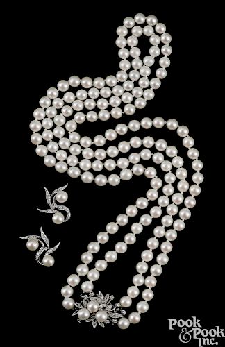 14K white gold pearl and diamond set