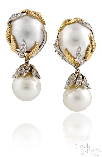 Pair of 14K white and yellow gold pearl earrings