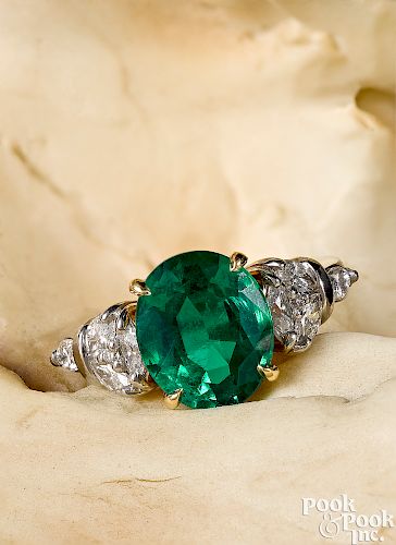 Platinum and 18K yellow gold emerald diamond ring