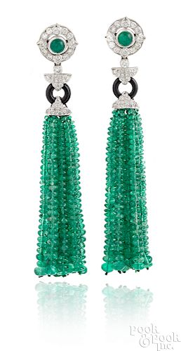 18K gold diamond, emerald and onyx tassel earrings