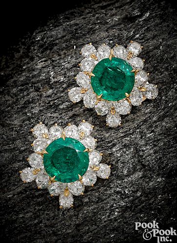 Pair of 18K gold Bulgari emerald diamond earrings