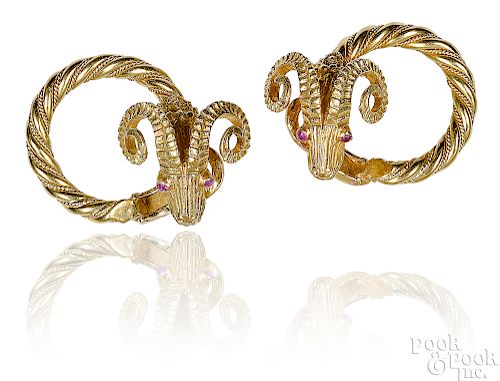 Pair of 18K yellow gold ram's head earrings