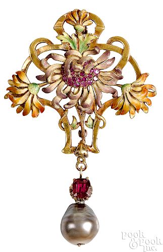 22K gold Art Nouveau enamel floral brooch