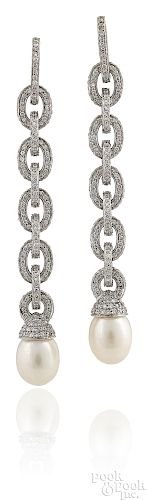 Pair of platinum diamond and pearl drop earrings