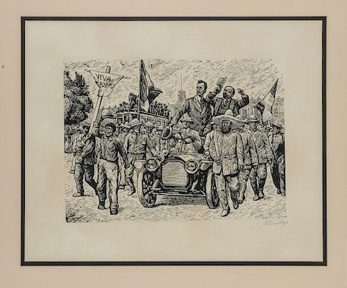 Méndez, Leopoldo. La Entrada de Francisco I. Madero en la Ciudad de México. México, ca. 1945.  Linóleo 34.5 x 47 cm. Enmarcado.