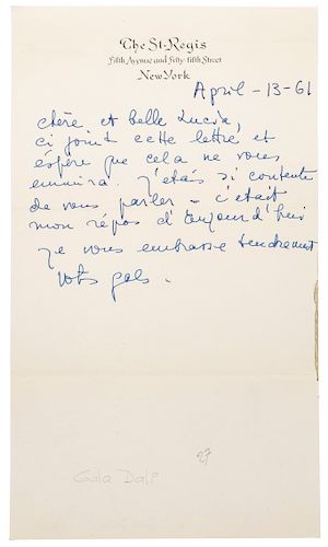 Dalí, Gala. Carta Dirigida a Lucia. New York, abril 13 de 1961. 24.4 x 14 cm. Firma de Gala Dalí.