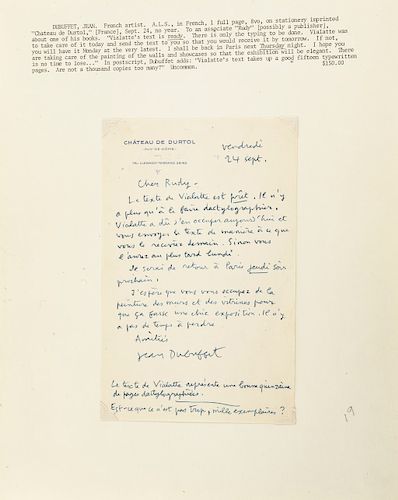 Dubuffet, Jean. Carta Dirigida a Rudy. Francia, septiembre 24 sin año. Firma. 21.3 x 13.6 cm.