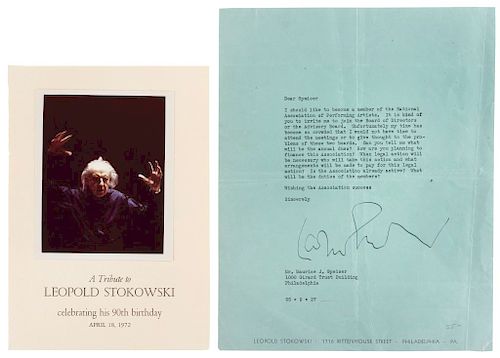 Stokowski, Leopold. Carta Mecanografiada Dirigida a Maurice J. Speiser / Programa, Tributo a Leopld Stokowski, 1972. Piezas: 2.