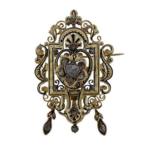 Antique Victorian 18K Gold Rose Cut Diamond Brooch Pendant