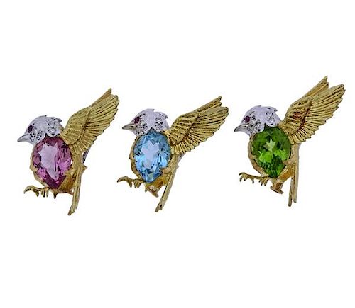 18K Gold Diamond Colored Stone Bird Brooch Lot of 3