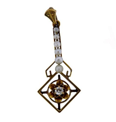 Antique 14k Gold Pearl Diamond Pendant 