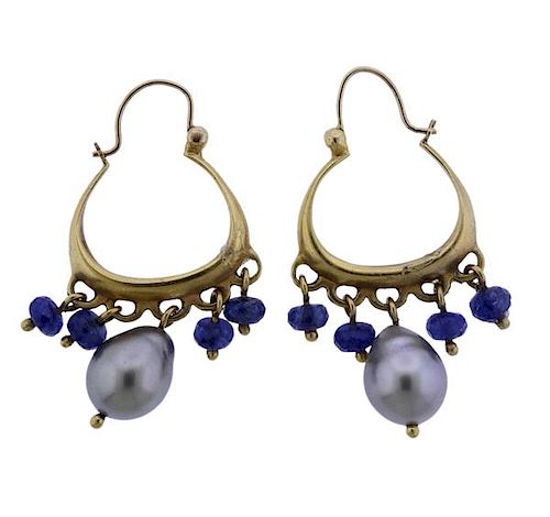 Me &amp; Ro 18K Gold Pearl Blue Stone Hoop Earrings