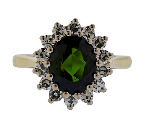J.E. Caldwell English 18K Gold Diamond Green Stone Halo Ring