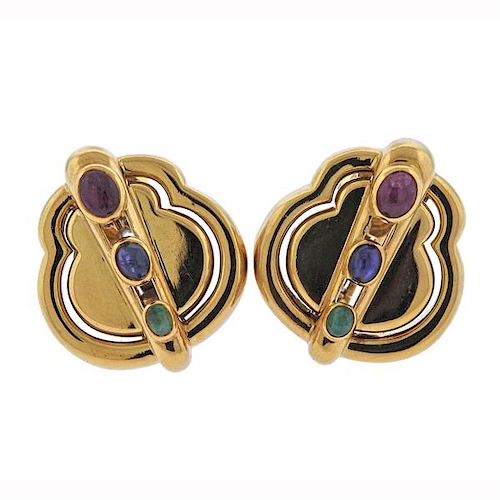 David Webb Emerald Ruby Sapphire 18k Gold Earrings