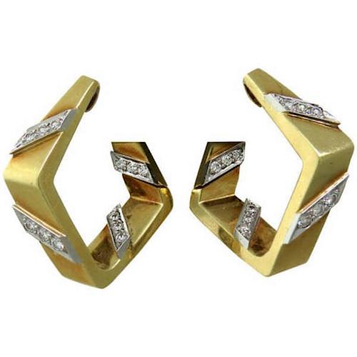 1960s Geometric 18K Gold Diamond Hoop Earrings