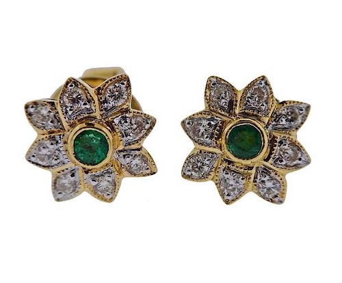 18K Gold Diamond Green Stone Flower Stud Earrings