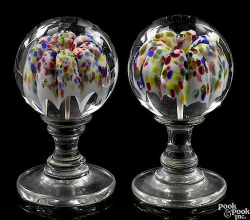 Two pedestal paperweights, early 20th c., probably Millville, each with a mushroom flower